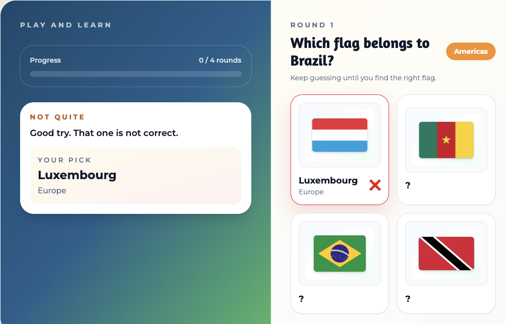 Flag Challenge showing a wrong guess — the Luxembourg flag marked with a red cross — with three flags still to try