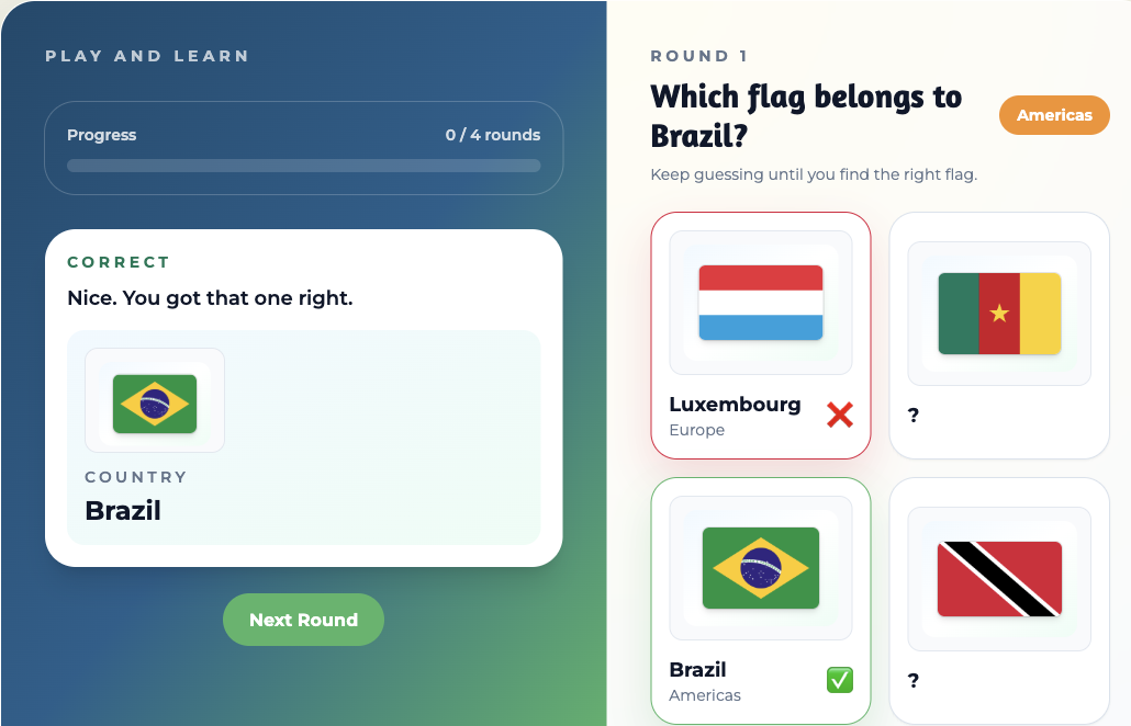 Flag Challenge showing the correct Brazil flag marked with a green tick and revealed on the left