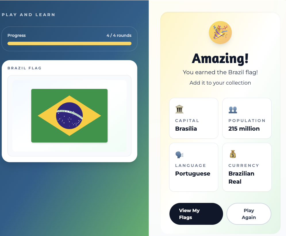 Flag Challenge completion screen with the Brazil flag in full and the message You earned the Brazil flag, with key Brazil facts