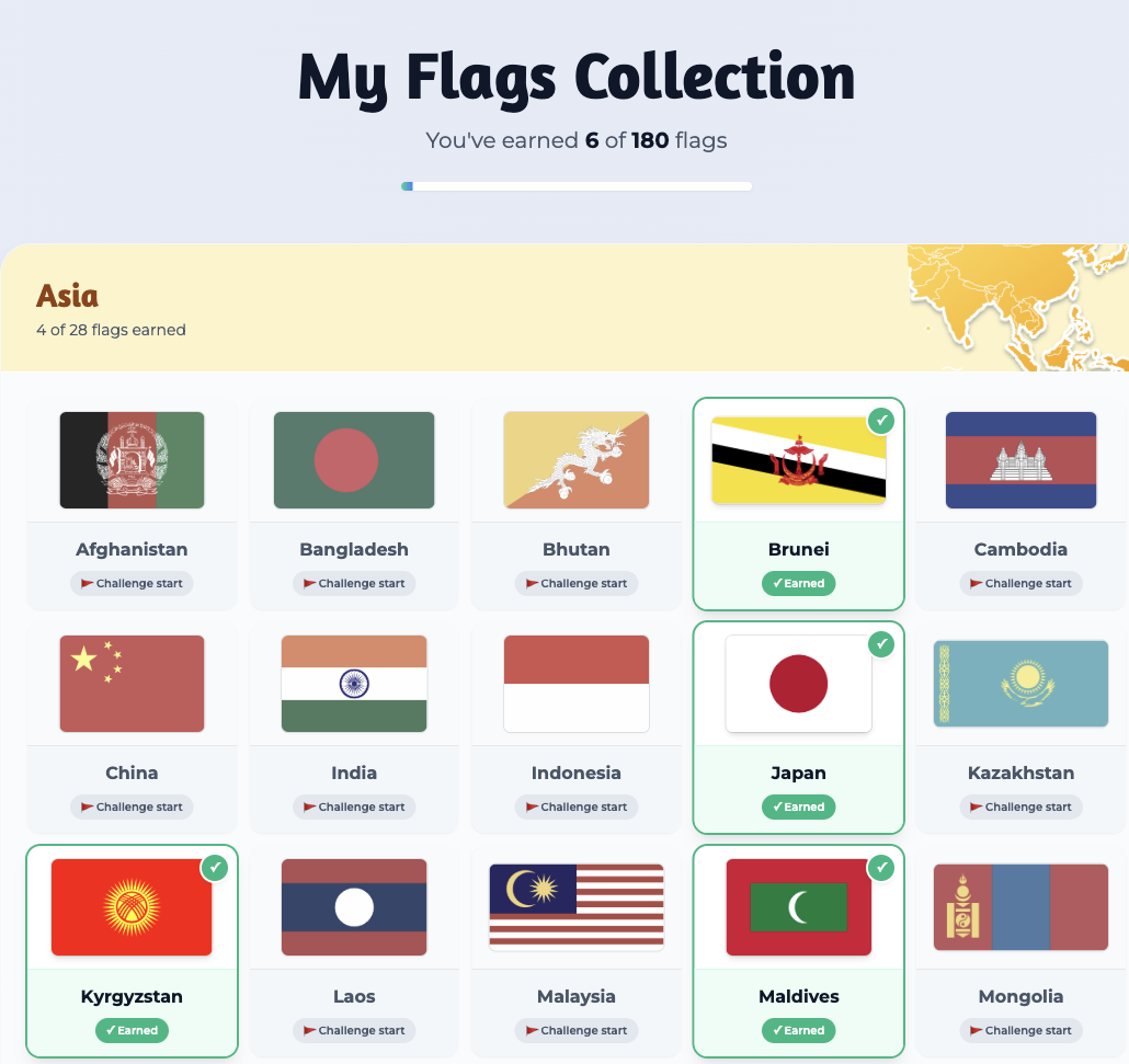 My Flags collection showing flags from Asia with earned flags marked in green