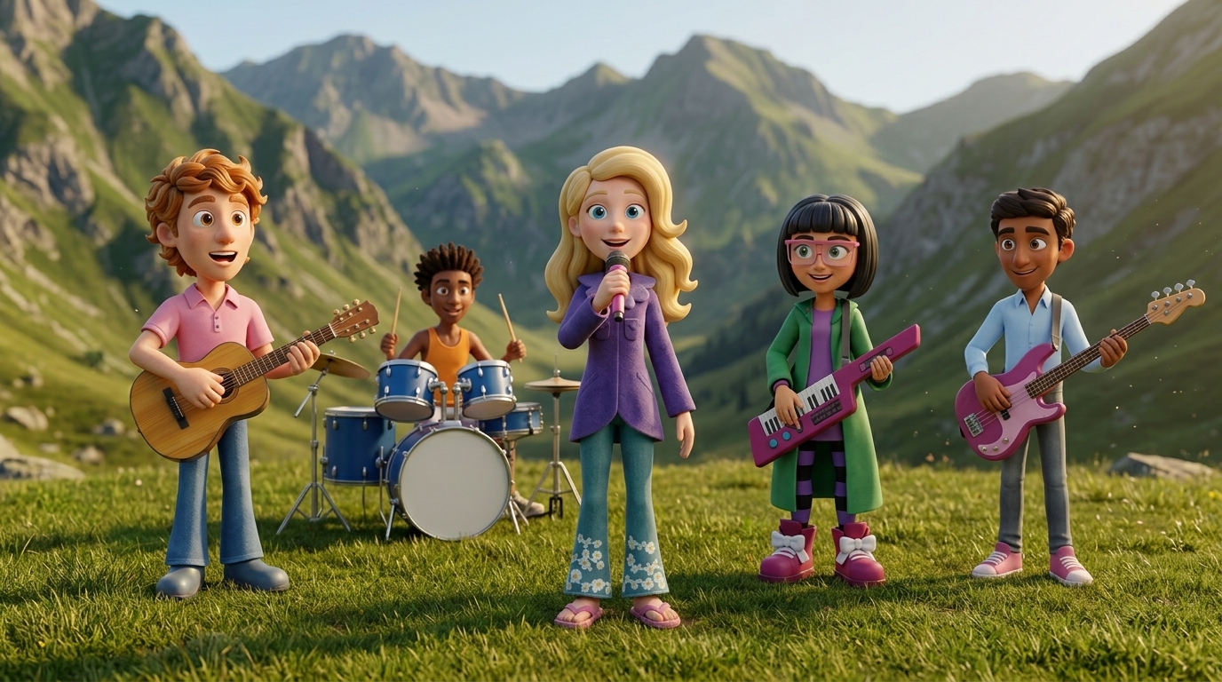 The Can Do Kids Band singing outdoors with mountains behind them